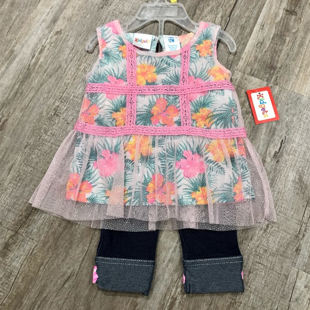 Kidgets Floral Top With Sparkly Overlay & Matching Denim Jeggings Size 12 Months